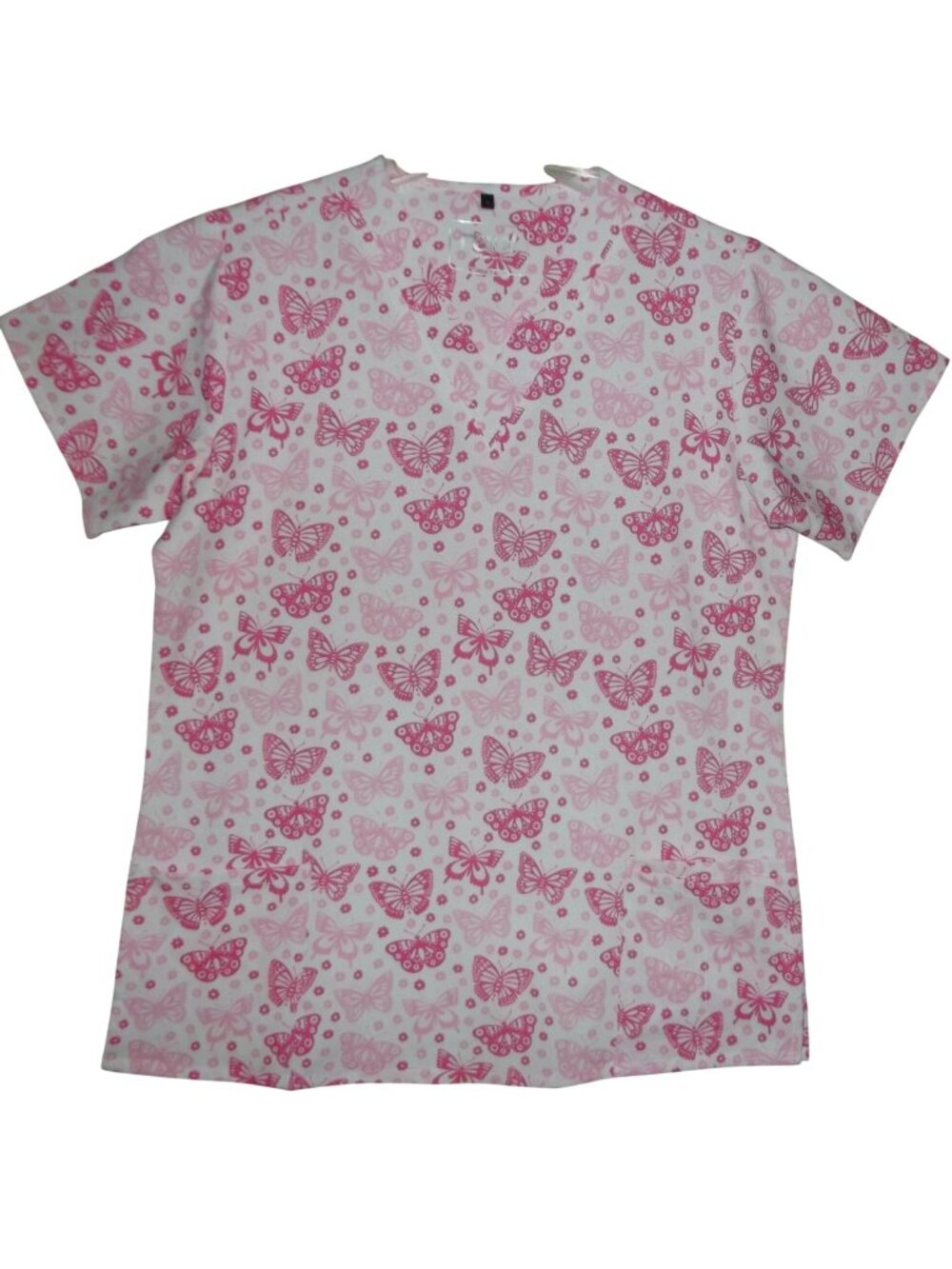 Revel Scrubs Top Womens Size Large Pink Butterflies v-neck pockets Poly Stretch